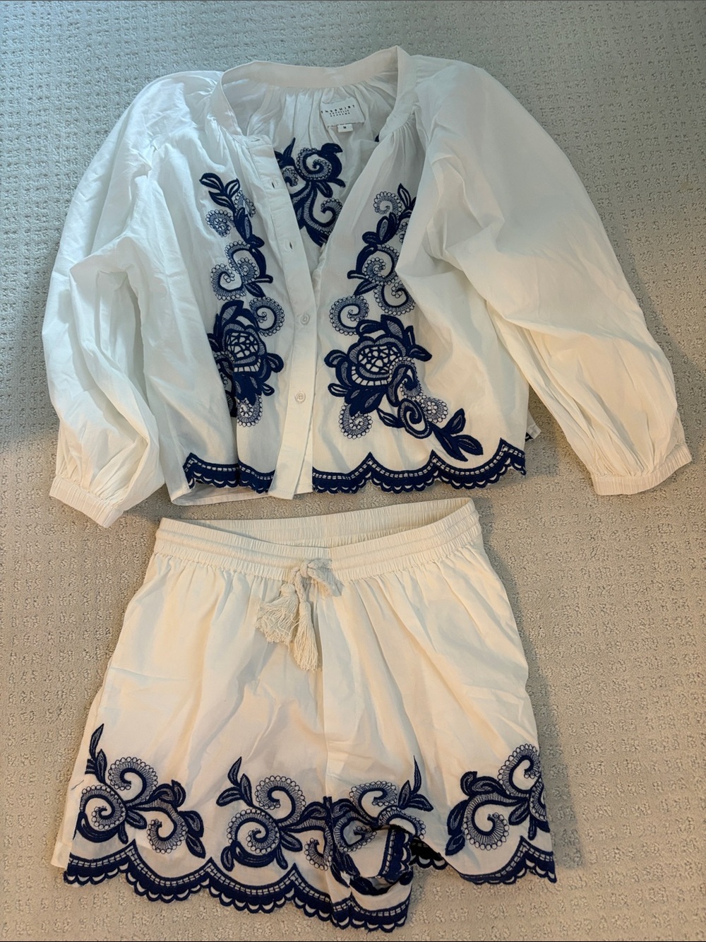 The Shirt by Rochelle Behrens White Shorts and matching top with Navy Embroidery